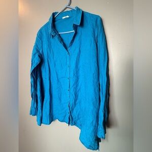 Eileen Fisher 100% Irish Linen Blue Button down Blouse Women's Sz M 22" PTP